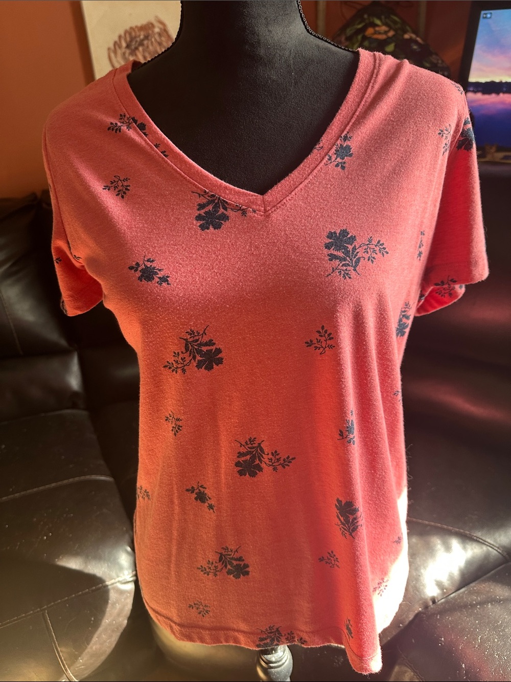 Lucky Brand Coral V-Neck Short Sleeve Tee with Navy Floral Print
